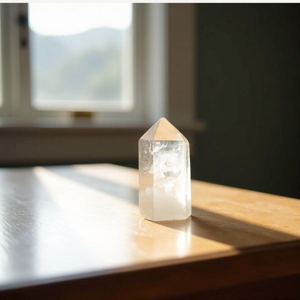 A Clear Quartz crystal sits on a wooden altar in natural light