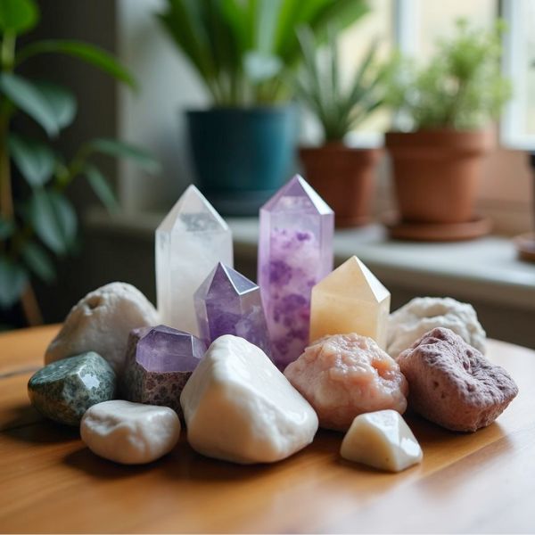 A collection of healing crystals on a wooden table surrounded by plants and rocks