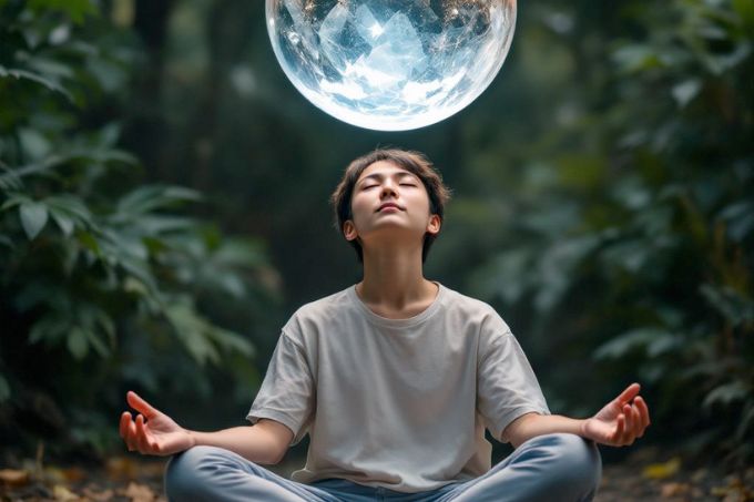 a person using crystals to meditate and manifest