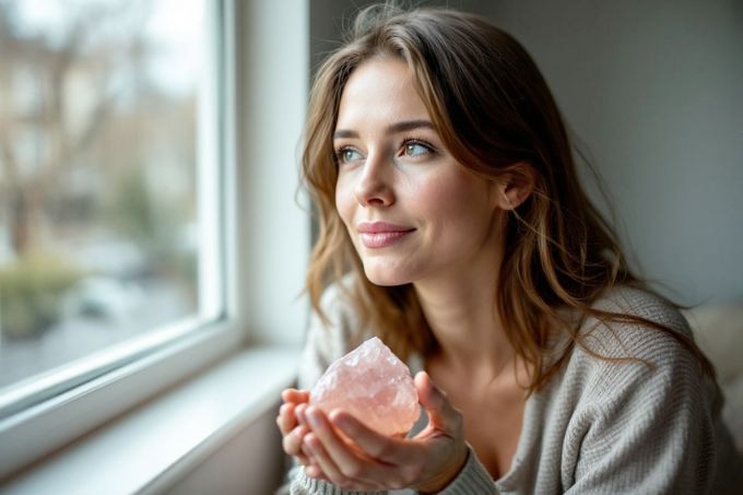 A woman holding rose quartz by the window, radiating peace