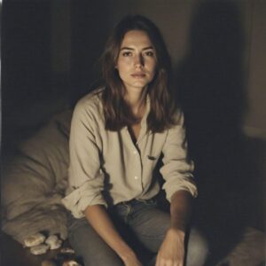 A woman in casual clothing sits surrounded by jasper stones