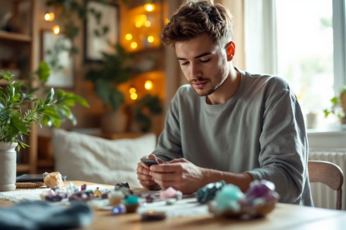 A young person choosing beginner-friendly crystals in a cozy room