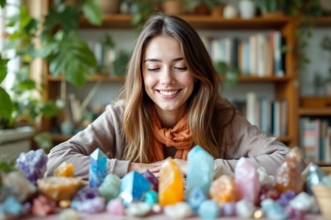 A young woman exploring a collection of colorful crystals in a cozy room