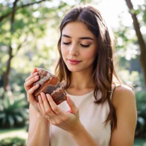 A young woman gazes at a polished jasper stone for healing in a peaceful garden