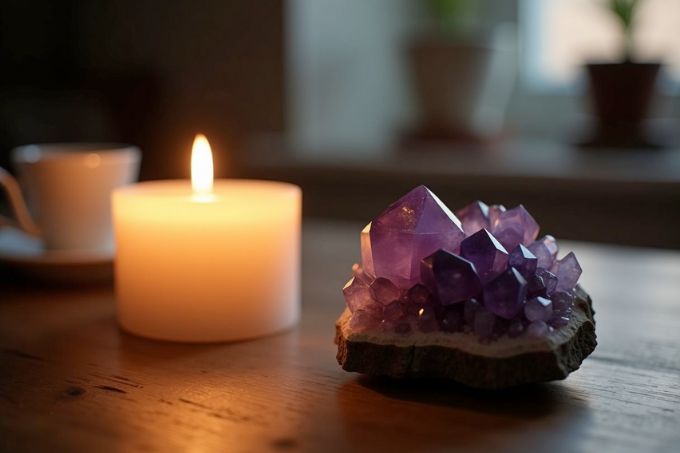 An amethyst crystal and candle on a wooden table in a dimly lit room