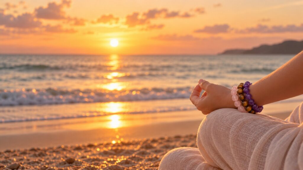 Woman meditating on the beach at sunset wearing tiger eye, amethyst and rose quartz crystal bracelets